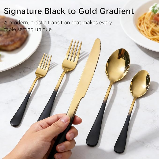 Black Silverware Set for 8 Modern 40 Piece Flatware Set 18/10 Stainless Steel Unique Black Gradual Change Gold Cutlery Utensils Sets for Home Kitchen Restaurant Tableware Set Mirror Polished