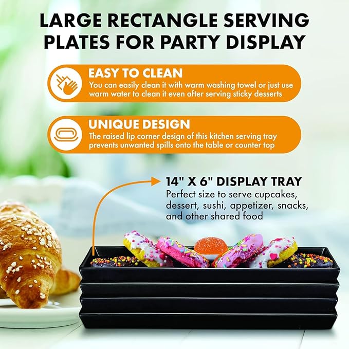 Matte Black Plastic Serving Platters (13 x 4.6 Inch Rectangle Plates) Serving Dishes for Entertaining, Food, Appetizers, Desserts, Cheese Board, Charcuterie, Sushi - Set of 4 Party Trays