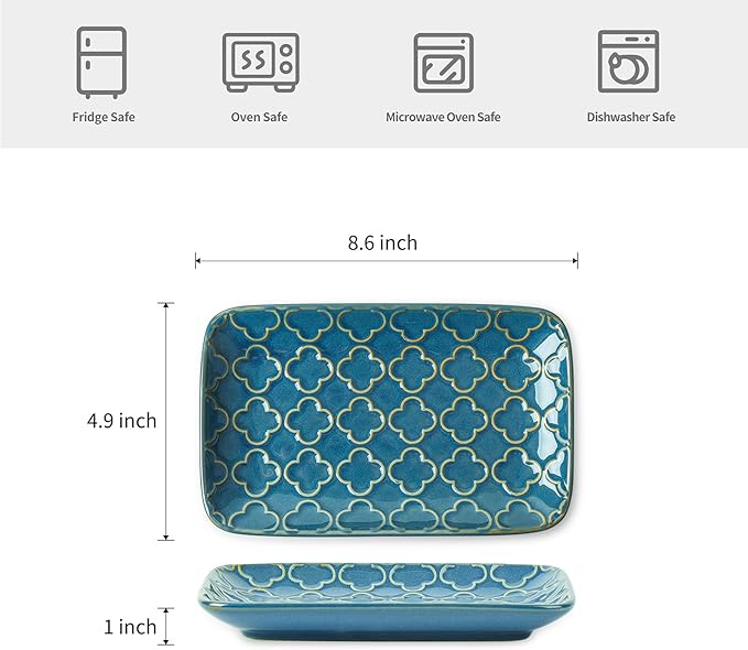 Sureasy Ceramic Salad Plates, Rectangular Appetizer Plates 8 inch, Small Serving Plates for Entertaining, Small Dinner Plates Set for Dessert, Sushi, Embossed Porcelain Dish, Set of 4, Blue