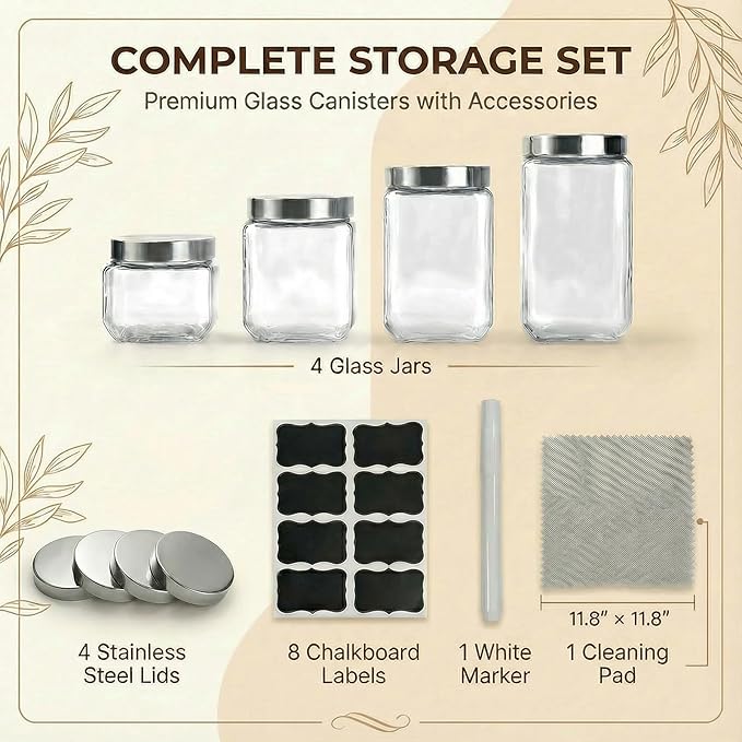 Canisters Set For The Kitchen,Glass storage jars,4Pcs Glass Storage Containers With Lids,For Kitchen Canning Flour, Cereal,Sugar,Candy,Pasta