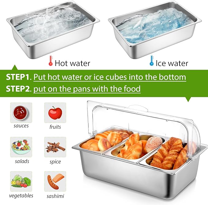 Countertop Food Serving Display Container and Clear Roll Top Cover Stainless Steel Food Serving Tray Buffet Condiment Dispenser Display Rack for Restaurant Hotel Kitchen Party (21 x 13 x 13'')