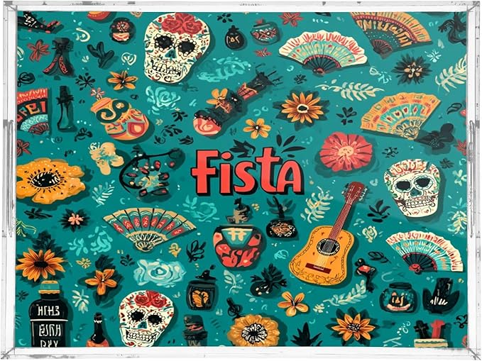 Serving Tray with Handles Clear Acrylic Tray 12x16 Inch Decorative Rectangular Tray Organizer for Ottoman Coffee Table Bathroom Fiesta Mexican Green Skulls Guitars Flowers