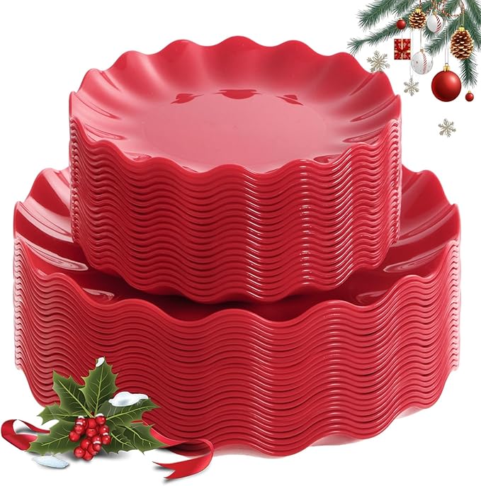 LIYH 50 Pcs Red Plastic Plates Reusable Christmas Plastic Plates Unbreakable Holiday Dinnerware Set Scalloped Plate for Christmas Day,Dishwasher Safe BPA Free (25Guests)