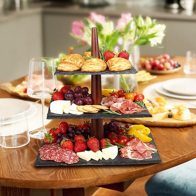 3 Tier Serving Tray Stand, Square Slate & Acacia Wood Tiered Display for Desserts, Appetizers, Cupcakes - Rustic Modern for Weddings, Parties, Christmas
