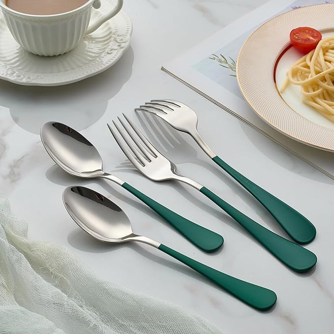 24 piece Green Forks and Spoons Silverware Set,Green Handle Silverware 18/0 Stainless Steel Flatware Bulk Forksand Spoons Dessert Forks of 24