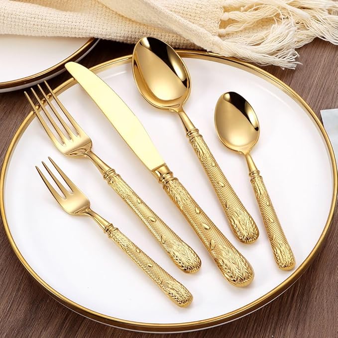 Luxury 20-Piece Wheat Ear Design Silverware Set, Premium 18/10 Stainless Steel Flatware, Serving 4. (Gold)