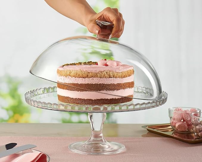 Cake Stand with Dome Lid, Glass Desert Serving Plate and Cover, Footed Pastry Display Server, 12.60 inch Wide Glass Decorative Kitchen Platter for Cupcake Cookies Cheesecake Donut