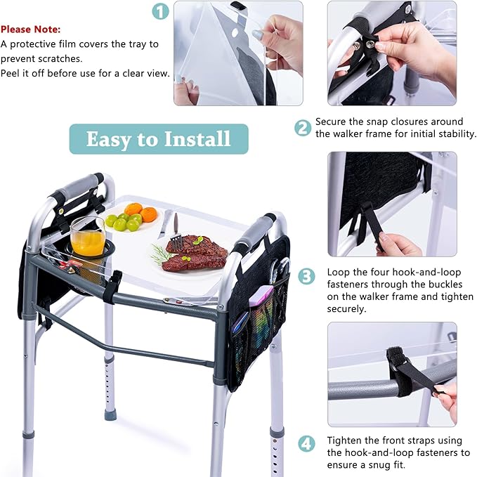 BAGSFY Clear View Walker Tray with Cup Holder & Side Pockets, Transparent Folding Walker Table for Seniors, 8.8lbs Load-Bearing Sturdy PP Tray, Universal Fit Walker Accessory for Elderly