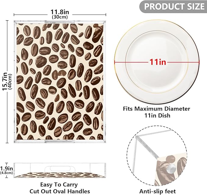 Serving Tray with Handles Clear Acrylic Tray 12x16 Inch Decorative Rectangular Tray Organizer for Ottoman Coffee Table Bathroom Many Simple Coffee Beans