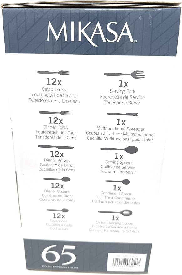 Mikasa, Alyse Flatware Service for 12, 65 Piece Set, 18/10 Stainless Steel, Silverware Set with Serving Utensils