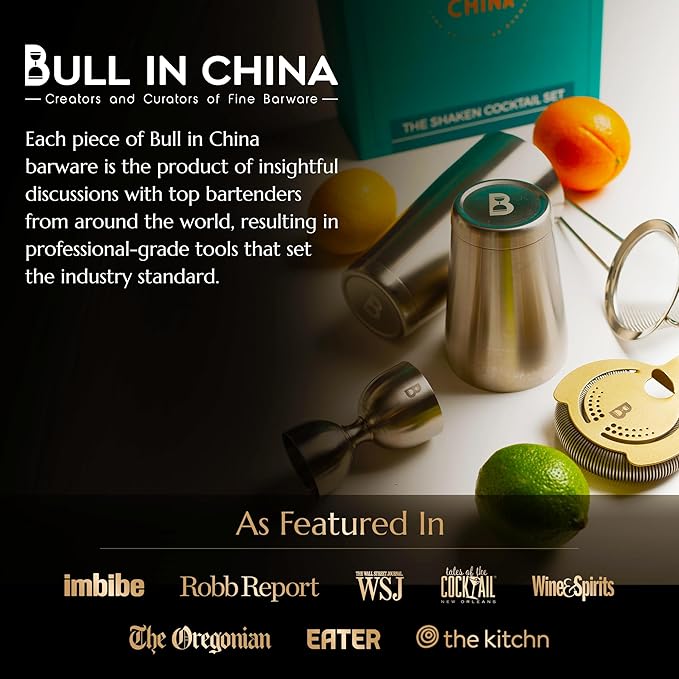 5 Piece Cocktail Kit by Bull In China - Premium Bartender Gift Set Includes Weighted 2 Piece Boston Shaker, Hammered Bell Jigger, Hawthorne Strainer & Fine Mesh Strainer (Rainbow Chrome)