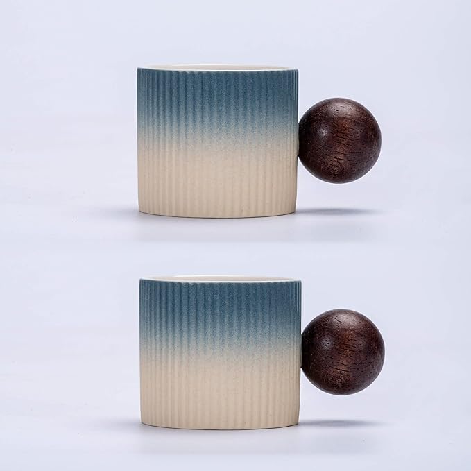 CLASGLAZ Ceramic Mini Espresso Cups Demitasse Cups with Round Wooden Handle Vertical Stripes Tea Cups (Beige&Blue, 2pcs)