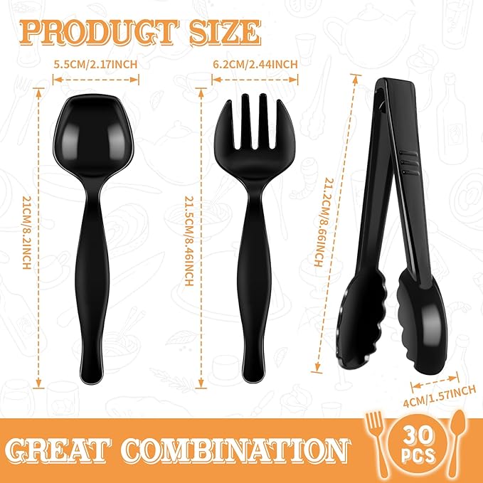 30 Pcs Black Plastic Serving Utensils Set - Includes 10 Spoons, 10 Tongs, 10 Forks - Heavy Large Disposable Serving Utensils for Parties, Holidays & Events,Gatherings