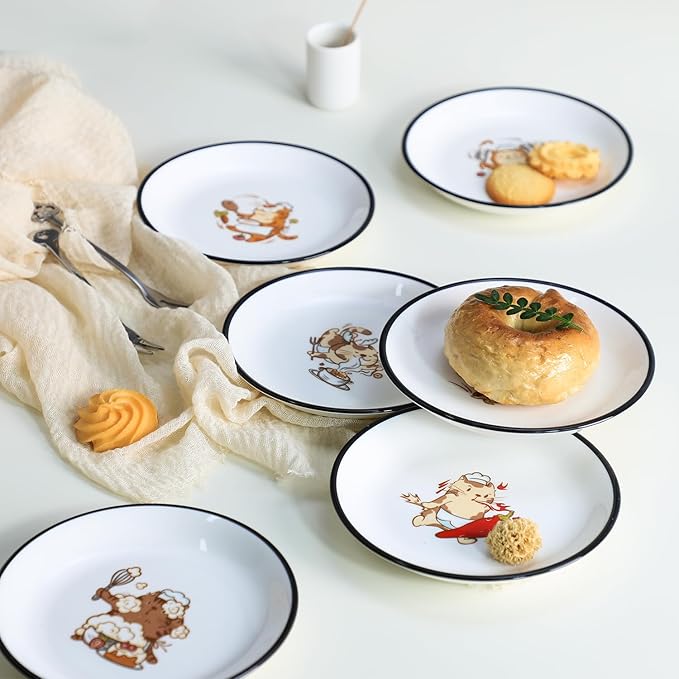 Funny Fidgety Chef Cat Pattern Ceramic Sauce Dishes, Seasoning Dishes, Sushi Soy Dipping Bowls, Appetizer Plates, Dessert Plates, Little Cat Bird Feeding Bowls, Set of 6-Chef Cat-5 Inch