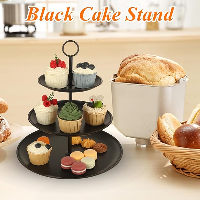 2 Pack Black Cupcake Stands, Large Stainless Steel 3 Tier Serving Tray, Tiered Dessert Stand Cup Cake Tower for Party, Birthday, Wedding
