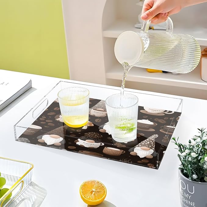 Serving Tray with Handles Clear Acrylic Tray 12x16 Inch Decorative Rectangular Tray Organizer for Ottoman Coffee Table Bathroom Brown Gnomes Coffee Beans