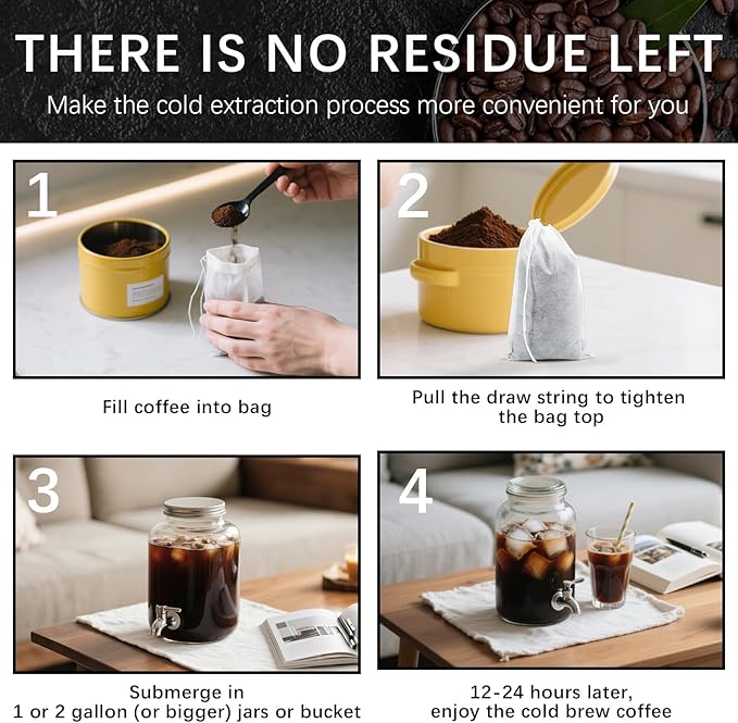 100 Pcs Cold Brew Bags 8x12 inch, No Mess Disposable Cold Brew Coffee Filter Pouches with Drawstring Large Empty Tea Bag for Loose Leaf Tea, Iced Coffee, Herbs, Spice, Home brewing, Hot pot