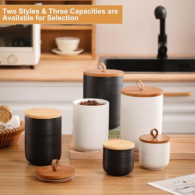 Simcat Ceramic Canister Set Kitchen Airtight Food Storage Jar with Bamboo Lids Coffee Sugar Tea Storage Containers (Little black with belt-8.8oz)