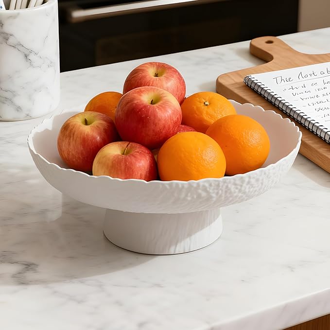 Large Glass Fruit Bowl for Kitchen Counter Decorative Centerpiece Bowl for Table Home Déco, White Hammered