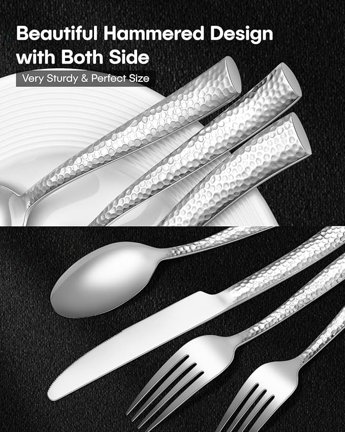 EUIRIO 40-Piece Hammered Silverware Set, Stainless Steel Flatware Set for 8, Mirror Finish Cutlery Utensils Set for Home Hotel, Include Forks Spoons and Knives Set, Dishwasher Safe