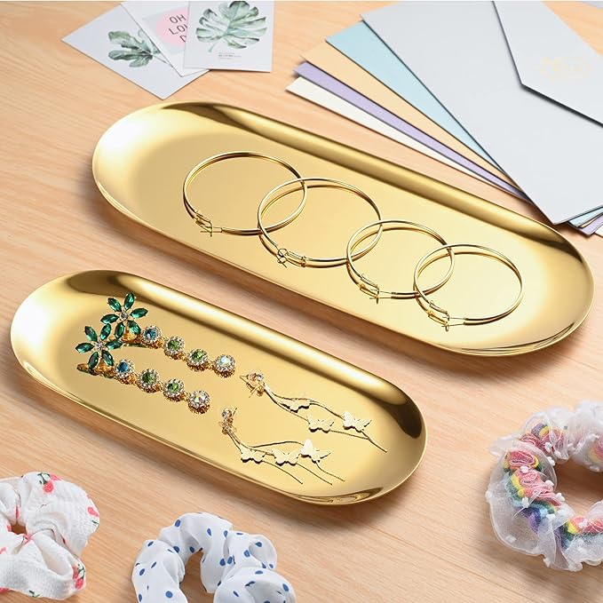 Golden Oval Stainless Steel Tray (30cm x 12cm) – Mini Coffee Table Tray for Jewelry, Cosmetic & Candle | Full Mirror-Polished Surface with Vacuum Coating – No Fading, No Discoloration