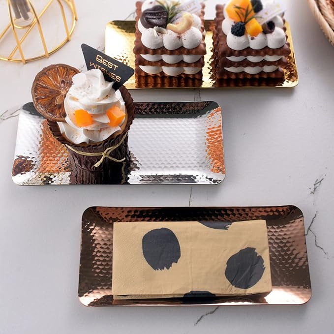Hammered Tray, Exquisite Stainless Steel Rectangular Serving Tray for Bedroom Bathroom Counter Kitchen Platters Serving Dishes, Trays Platters Silver Tray (Silver)