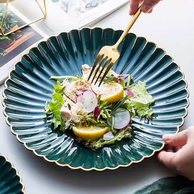 SONGCHAO Party Supplies European light luxury Western dinner plate, ceramic dark green chrysanthemum plate, dessert plate, fruit plate, cake plate Party Plates (Size : Medium)