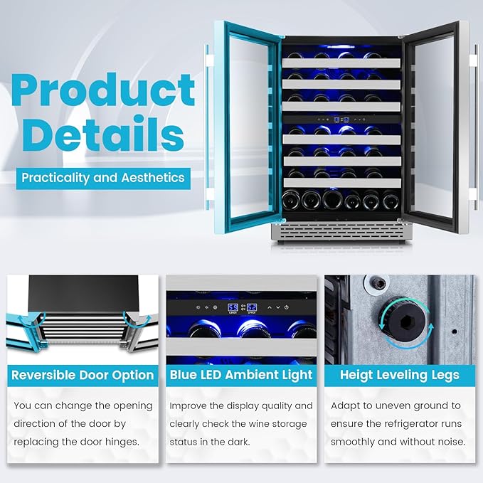 24 Inch Wine Cooler Refrigerator, 46 Bottle Dual Zone Wine Fridge Cooler Under Counter with Upgrade Compressor Tempered Glass Door, 40-65°F, Built-in/Freestanding for Kitchen Bar Office