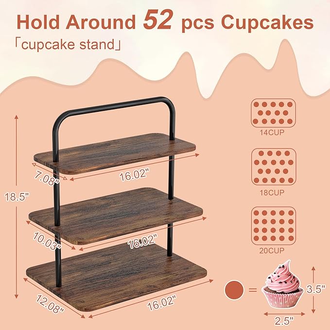 Cupcake Stand, 3-Tier Dessert Stand for 52 Cupcakes, Wood & Metal Tower Display Premium Holder Dessert Tree Tower for Christmas Birthday Weddings Party Decor, Serving Tray, Wood Brown, 2-pack