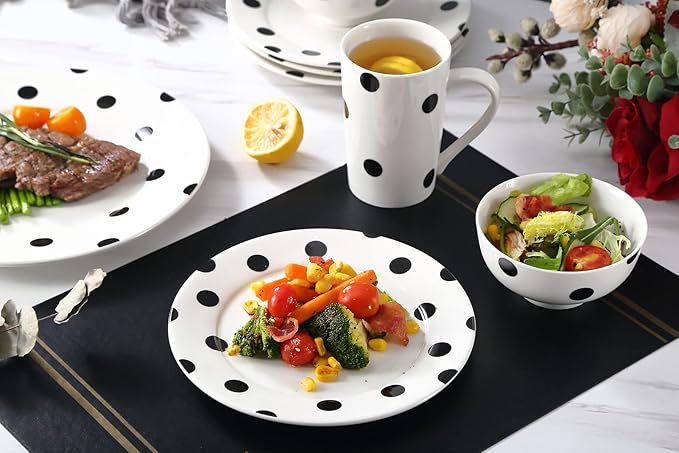 Modern Porcelain 16-Piece Dinnerware Set, Plates and Bowls Set for 4, Black Polka Dot Dinnerware,Dishwasher & Microwave Safe Ceramic Dish Set for Home Dining, Gifts