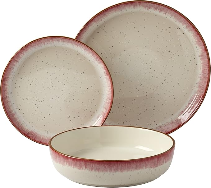 Tabletops Gallery Speckled Farmhouse Collection- Stoneware Dishes Service for 4 Dinner Salad Appetizer Dessert Plate Bowls, 12 Piece Hanover Dinnerware Set in Berry
