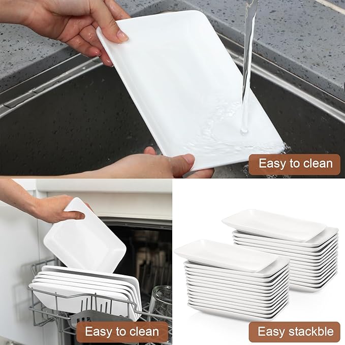 Irenare 28 Pcs 8 Inch Rectangular Salad Plates White Rectangular Porcelain Dessert Plates Appetizer Serving Tray Porcelain Platters for Fruit Sushi Dinner Parties, Microwave, Oven Safe