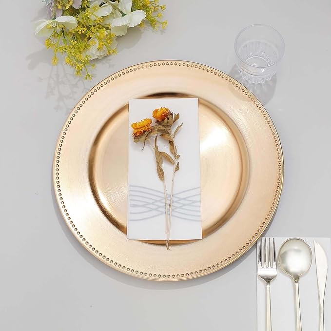 13" Charger Plates -Set of 12 - Acrylic Gold Round Beaded Disposable Chargers, Ideal for Dinner Party Wedding Bulk Events Tabletop Decoration