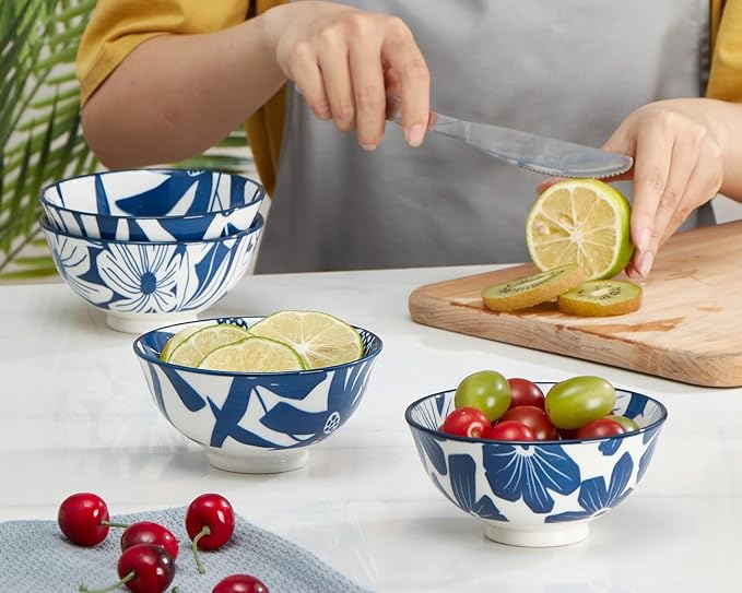 ONEMORE Ceramic Soup Bowls, 10 oz Cereal Bowls Set of 4, Blue Porcelain Bowls for Dessert, Ice Cream, Fruit, Scratch Resistant, Microwavable Dishwasher & Oven Safe, Stackable Kitchen Bowls