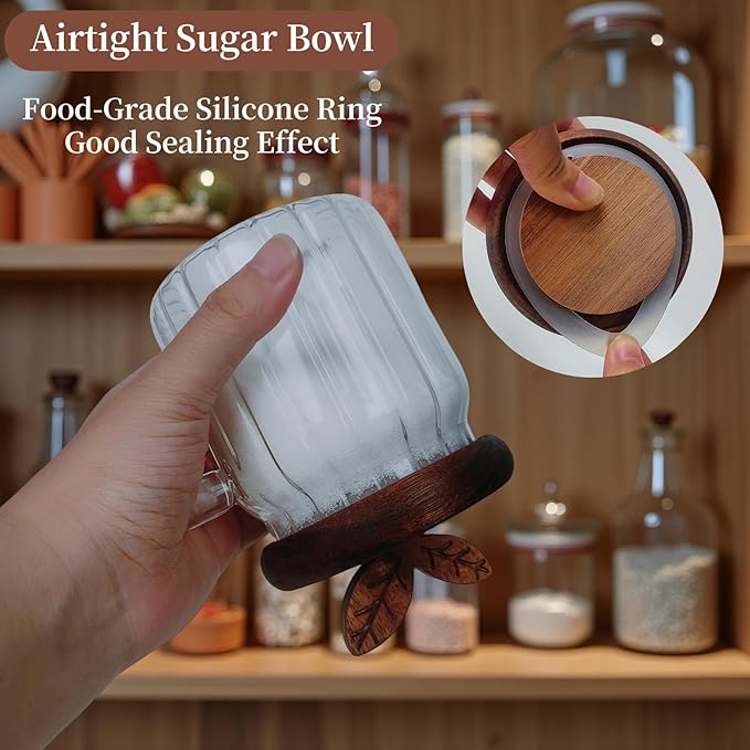 Sugar Bowl with Lid and Spoon,17 oz Sugar Container for Coffee Bar, Glass Coffee Canister, Airtight Food Storage Jar, Brown Sugar Container, Cereal Tea Salts Spice Jar