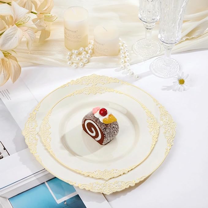 200 PCS Ivory and Gold Plastic Plates for 100 Guests, Gold Disposable Plates Include 100 PCS Dinner Plates, 100 PCS Dessert Plates for Party, Wedding and Graduation (200, Ivory White)