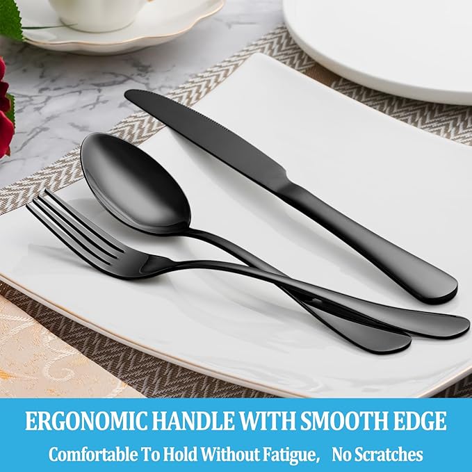30 Pcs Black Silverware Set, Stainless Steel Flatware Set Service for 6, Mirror Polished Cutlery Utensil Set, Durable Home Kitchen Eating Tableware Set, Include Fork Knife Spoon Set, Dishwasher Safe