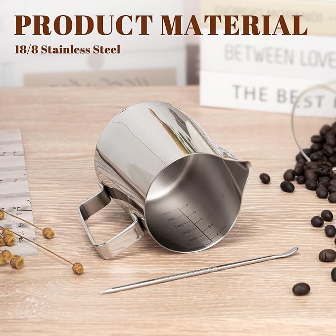 Milk Frothing Pitcher, 12oz Milk Frother Cup with Clear Scale, 304 Stainless Steel Cappuccino Espresso Machine Accessories for Barista Coffee Bar with Latte Art Pen, Silver
