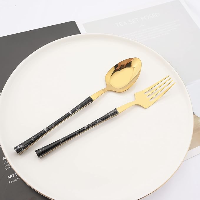 Stainless Steel Silverware Set with Holder - 25 PCS Gold Flatware Cutlery Set - Black Marble Texture Handle Design - Hanging Metal Eating Utensils Set Service for 6 - Party Tableware Set
