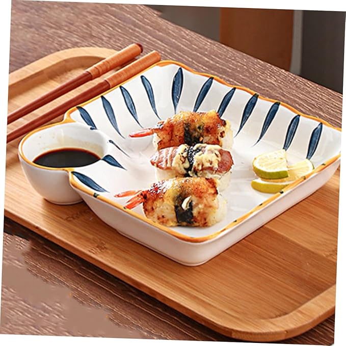 Zerodeko 2pcs Dumpling Serving Plate with Sauce Divider Japanese Style Food Platter for Noodles Sushi and Appetizers for Home and Restaurant Use