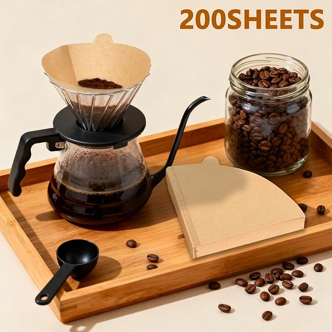 Disposable Cone Coffee Filters V02-200 Count Unbleached Natural Brown Paper Filters, 2-4 Cup Pour Over & Drip Coffee Makers, Compatible with Conical/V-Shaped Drippers