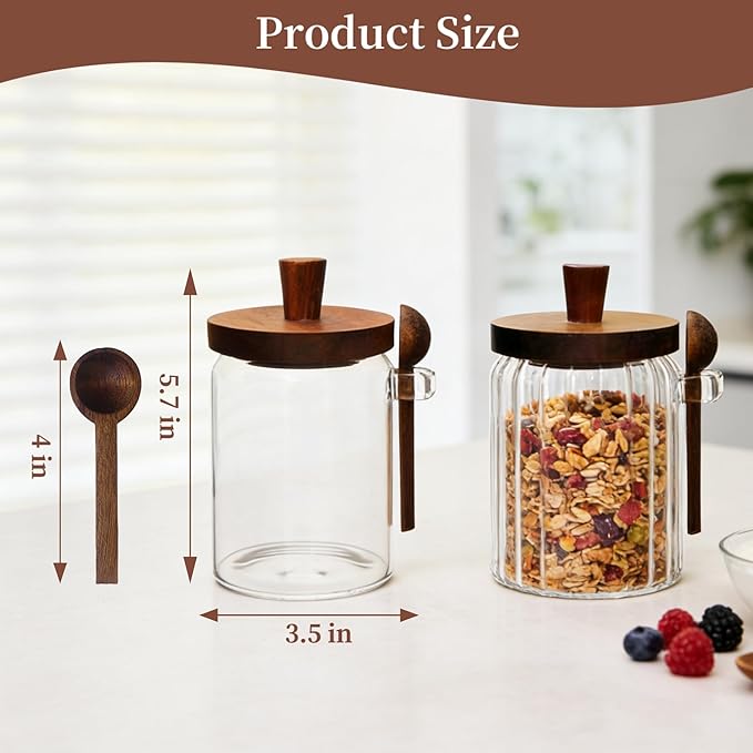 Sugar Bowl with Lid and Spoon,20 oz Sugar Container for Coffee Bar, Glass Coffee Canister, Airtight Food Storage Jar, Brown Sugar Container, Cereal Tea Salts Spice Jar（Stripe）