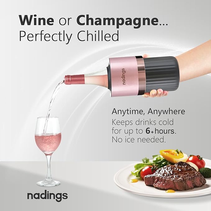 Wine Chiller for 750ml Bottles | Portable & Iceless, Keeps Wine/Champagne/Beer Cold 6+ Hours | Vacuum Insulated Stainless Steel | Ideal for Outdoor, Parties & Gifts – Rose Gold