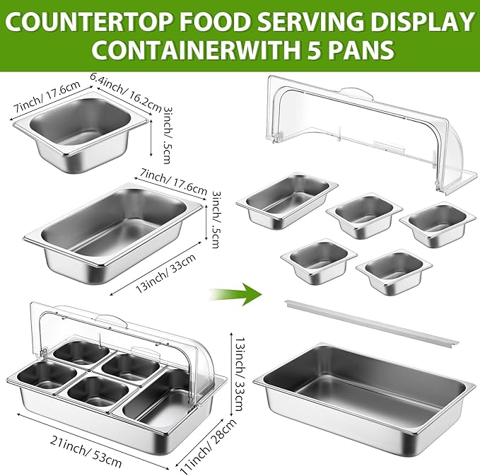 Countertop Food Serving Display Container and Clear Roll Top Cover Stainless Steel Food Serving Tray Buffet Condiment Dispenser Display Rack for Restaurant Hotel Kitchen Party (21 x 13 x 11)