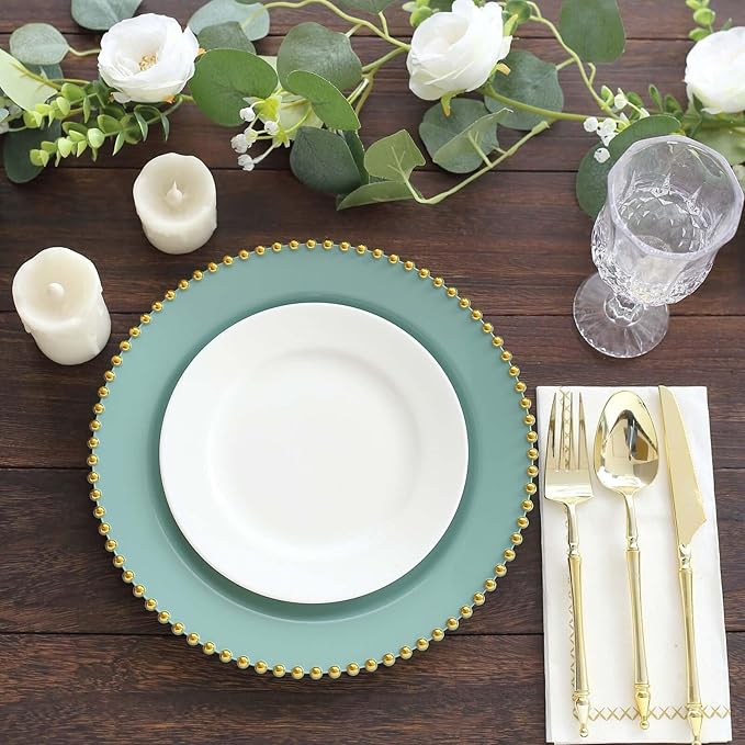 10" Dinner Plates - Set of 20 - Plastic Dusty Sage Green/Gold Round Disposable Plate Beaded Rim, Ideal for Decoration Party Wedding Bulk Events