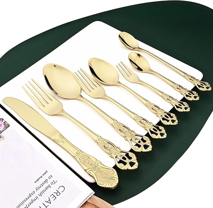 Elegant 32-Piece (4 Set) Retro Flatware Set, Stainless Steel Cutlery Set - Complete Eating Tableware Serving Set, Dishwasher Safe, Shiny Mirror Polish (Champagne)