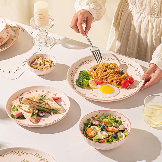 16 Pieces Gourmet Porcelain Dinnerware Sets, Premium Plates and Bowls Set, High-Fired Ceramic Dishes Set for 4, Microwave Dishwasher Safe, Pink Peach Blossom Pattern.