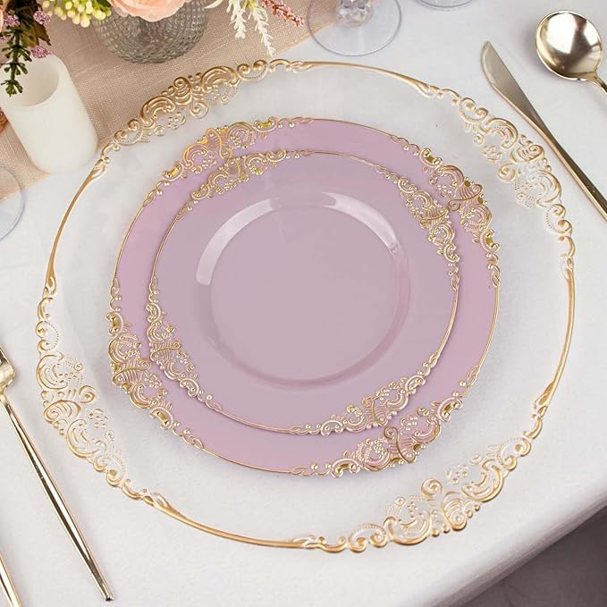 8" Salad Plates -Set of 10 - Plastic Lavender Lilac Round Baroque Disposable Chargers Leaf Embossed Rim, Ideal for Dinner Party Wedding Bulk Events