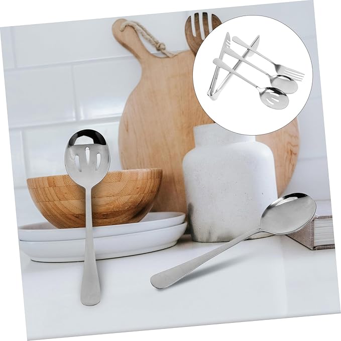 2sets Stainless Steel Cutlery Set Serving Spoons Forks Slotted Spoons Tongs Silverware Set Organizer Portable Utensil
