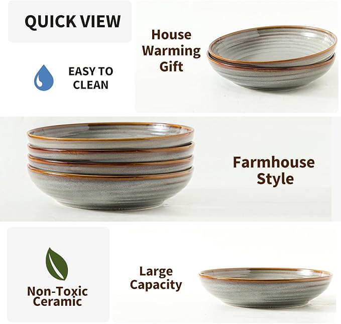 HASENSE Pasta Bowls Set of 4, 32 Ounce Ceramic Serving Bowls for Kitchen, 8.7 Inch Shallow Serving Dishes for Salad, Pasta, Soup, Dishwasher & Microwave Safe, Light Grey